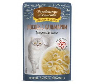 Пауч для кошек Деревенские лак-ва 70г.  ЛОСОСЬ с КАЛЬМАРОМ в нежном желе. 1*12шт.